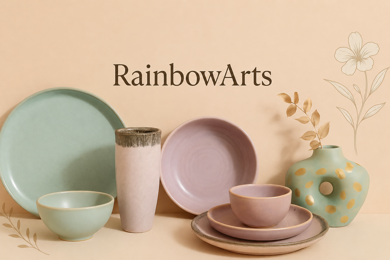 Handcrafted ceramic plates, mugs and vases on a rustic wooden table