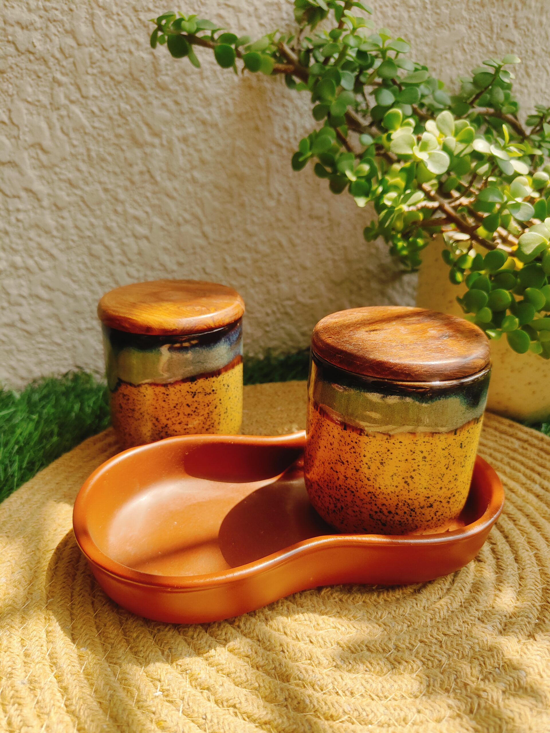 Rust Ember Ceramic Jar Set with Tray