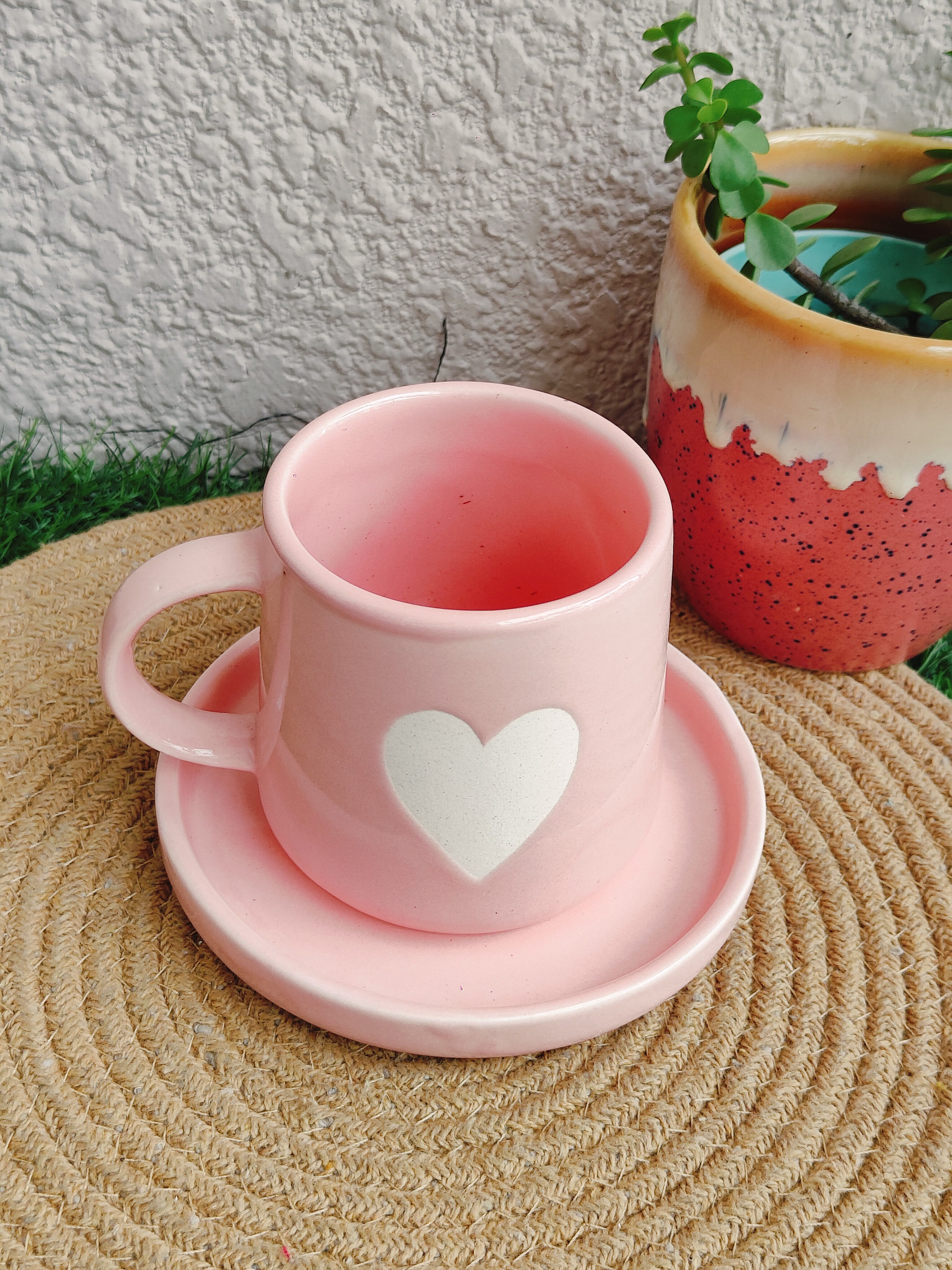 Blush Heart Ceramic Mug with Saucer