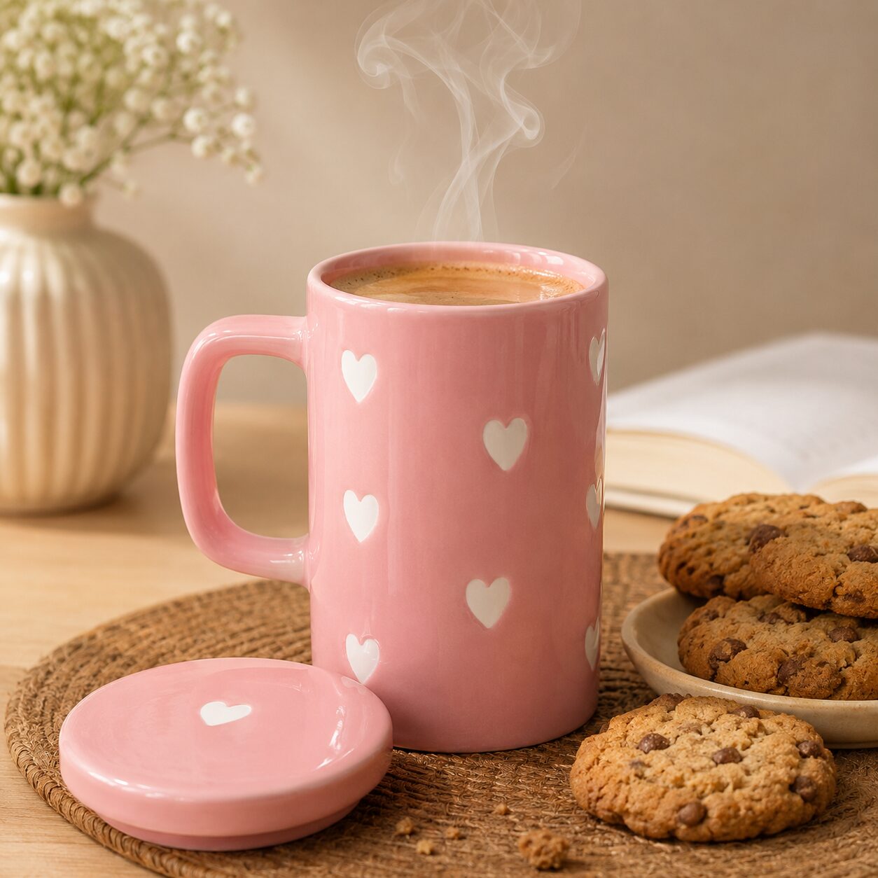 Pink Heart Coffee Mug with Lid Set (450ml)