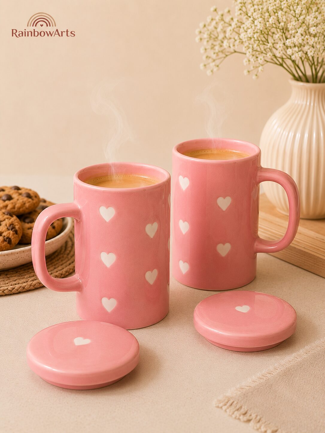 Pink Heart Coffee Mug with Lid Set (450ml) - Image 2