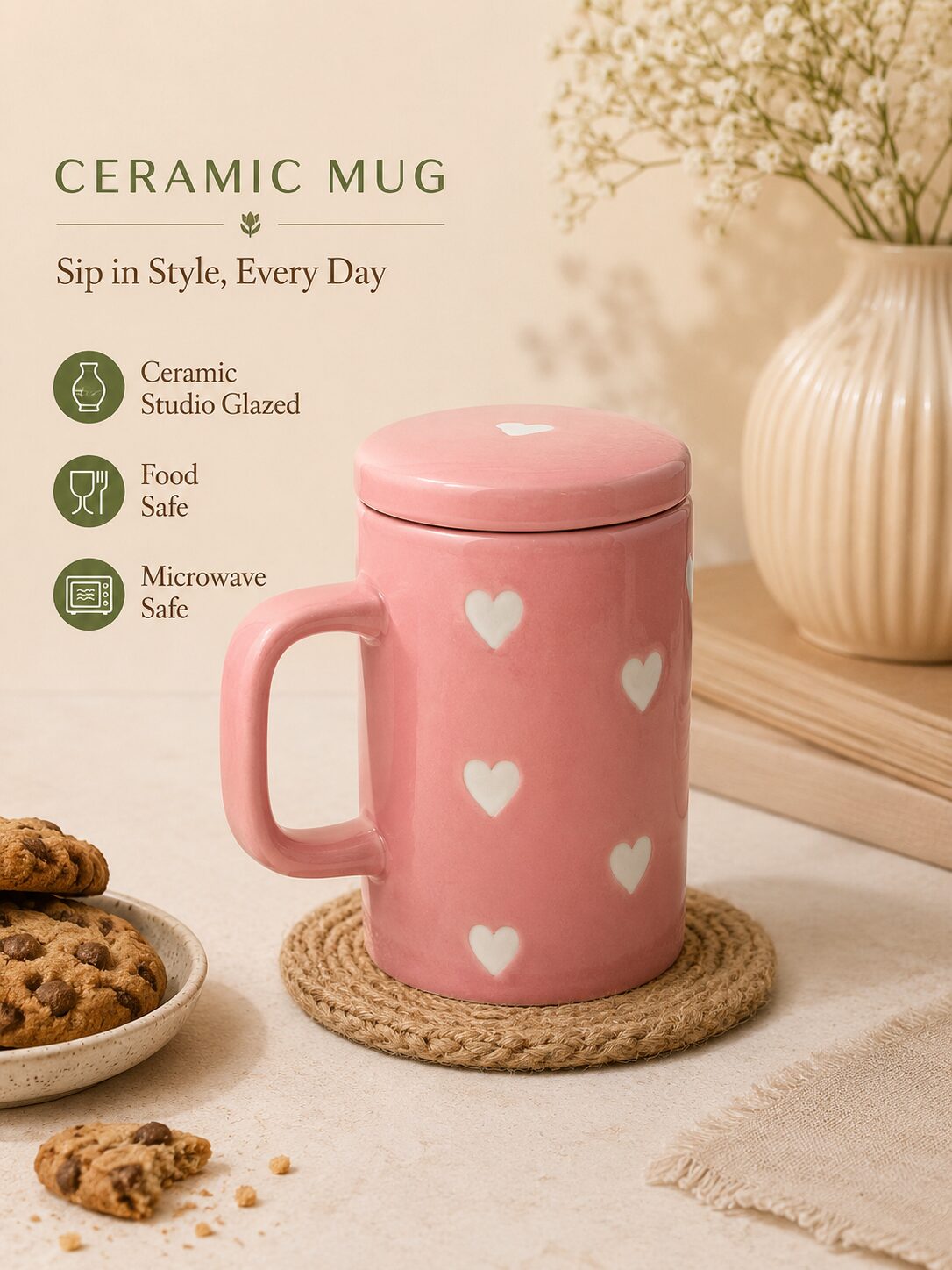 Pink Heart Coffee Mug with Lid Set (450ml) - Image 3